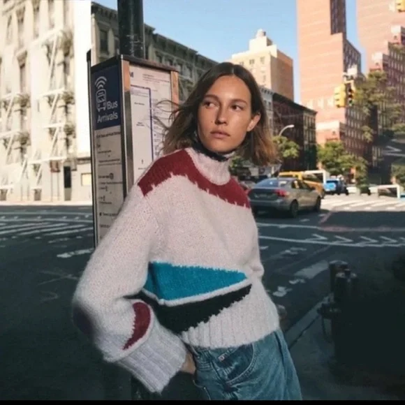 ZARA COLOR BLOCK WOOL BLEND KNIT SWEATER PINK - Picture 2 of 8